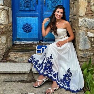 Zara Strapless White Skirt with Blue Floral Design